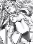  1girl ahoge blush breasts breasts_apart cameltoe clitoris closed_mouth copyright_request covered_clitoris greyscale hair_between_eyes hair_ornament highres long_hair looking_at_viewer medium_breasts monochrome nanashi_(nlo74593630) navel nipples pussy smile solo twintails 