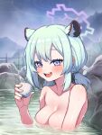  1girl animal_ears blue_archive blush breasts cleanerjay cleavage collarbone cup fingernails green_hair halo highres holding holding_cup medium_breasts medium_hair night onsen open_mouth outdoors partially_submerged purple_eyes purple_halo shigure_(blue_archive) shigure_(hot_spring)_(blue_archive) smile solo water weasel_ears wet 