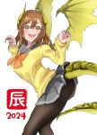  1girl :d arched_back brown_eyes brown_hair brown_pantyhose claw_pose claws double-parted_bangs dragon_girl dragon_horns dragon_tail dragon_wings fangs from_side grey_sailor_collar grey_skirt hanamaruyama628 highres horns kunikida_hanamaru looking_at_viewer love_live! love_live!_sunshine!! medium_hair monsterification new_year pantyhose pleated_skirt sailor_collar school_uniform serafuku sidelocks simple_background skirt smile solo sweater tail white_background wings yellow_eyes yellow_sweater 