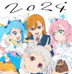  2024 4girls absurdres animal_on_hand arashi_chisato bird blazer blue_eyes blue_jacket blunt_bangs bow closed_mouth collared_shirt cure_prism cure_sky double_bun dress elbow_gloves gloves green_eyes hair_bow hair_bun head_tilt highres hirogaru_sky!_precure jacket long_hair looking_at_another love_live! love_live!_superstar!! magical_girl manmaru_(love_live!) medium_hair multiple_girls neck_ribbon nijigaoka_mashiro open_clothes open_jacket open_mouth orange_hair owl parted_lips pink_hair precure purple_eyes red_eyes red_ribbon ribbon saitou_atsushi_(kamatamanankotu) school_uniform shibuya_kanon shirt sora_harewataru teeth twintails upper_teeth_only v white_background white_bow white_dress white_gloves white_hair white_shirt winter_uniform yuigaoka_school_uniform yuunagi_tsubasa_(bird) 