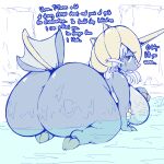 anthro big_breasts big_butt blue_body breasts butt dialogue english_text female garuda_six generation_5_pokemon hi_res huge_butt looking_at_viewer looking_back looking_back_at_viewer nintendo nude partially_submerged pokemon pokemon_(species) samurott solo text thick_thighs water wet wet_body
