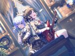  2girls ascot back-to-back back_bow bang_dream! bass_guitar belt belt_chain bench beret blue_eyes blue_hair blue_nails bow bracelet brown_hair crown curtains drawer dutch_angle frilled_skirt frills from_side garter_straps gloves hat holding holding_instrument hololive hoshimachi_suisei hoshimachi_suisei_(1st_costume) indoors instrument jewelry kneehighs layered_skirt looking_at_viewer matching_outfits multiple_girls nail_polish official_art open_mouth partially_fingerless_gloves plaid shelf side_ponytail sitting sitting_on_bench skirt smile socks star_(symbol) thighhighs third-party_source virtual_youtuber wakana_rei window 