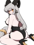  absurdres animal_ears ass ass_focus back backless_outfit black_horns black_leotard blush bolt_(min_lona) breasts detached_collar fake_animal_ears fake_tail goat_ears goat_girl goat_horns grey_hair high_heels highleg highleg_leotard highres horns large_breasts leotard long_hair looking_at_viewer looking_back low-tied_long_hair min_lona original playboy_bunny rabbit_ears rabbit_tail simple_background solo strapless strapless_leotard sweat tail very_long_hair yellow_eyes 