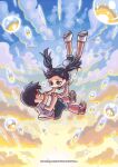  1boy 1girl amano_hina_(tenki_no_ko) black_hair black_shorts blue_eyes butter_spoon cloud commentary_request falling highres holding_hands interlocked_fingers morishima_hodaka_(tenki_no_ko) rain shirt shoes shorts smile sneakers tenki_no_ko twintails web_address white_shirt 