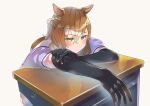  1girl animal_ears arms_on_table black_gloves blush braid brown_hair closed_mouth commentary_request desk doushi_tatsu_to_dekkai_no earrings elbow_gloves french_braid gloves highres horse_ears horse_girl jewelry jungle_pocket_(umamusume) looking_at_viewer medium_hair on_desk puffy_short_sleeves puffy_sleeves purple_shirt school_desk school_uniform shirt short_sleeves simple_background single_earring sitting skirt solo summer_uniform sweat tracen_school_uniform umamusume white_background white_skirt yellow_eyes 