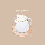 :3 animal_focus brown_background cat chai_(drawingchisanne) commentary_request english_text food-themed_creature food_focus in_container looking_at_viewer milk no_humans original pitcher_(container) signature simple_background wooden_plate 