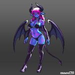  1girl bikini blue_skin boots colored_skin demon_girl demon_horns demon_tail demon_wings gradient_background high_heel_boots high_heels horns mabius navel original pink_eyes pink_hair pink_nails pixel_art pointy_ears solo swimsuit tail thigh_boots wings 