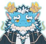  1boy absurdres animal_ear_fluff aqua_hair aqua_skin beard chibi closed_mouth coat dragon_boy dragon_horns facial_hair full_beard furry furry_male highres horns huge_eyebrows looking_at_viewer male_focus mature_male multicolored_hair necktie open_clothes open_coat outline portrait qinglong_(housamo) shirt slit_pupils solo striped_necktie thick_beard tokyo_afterschool_summoners two-tone_beard two-tone_hair white_background white_hair white_shirt yed_(yedsilent) yellow_eyes 