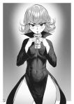  1girl absurdres blush breasts covered_navel cup curly_hair disposable_cup dress drinking drinking_straw greyscale highres holding holding_cup looking_at_viewer medium_hair monochrome one-punch_man saitama_(one-punch_man) side_slit small_breasts solo speedl00ver tatsumaki 