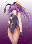  1girl :o ahoge alternate_costume animal_costume animal_ears azur_lane bangs bare_shoulders black_gloves black_ribbon blush breasts bunny_costume bunny_ears bunnysuit cleavage clenched_hand commentary_request covered_navel covered_nipples cowboy_shot crop_top gloves hair_ribbon hand_up horns isuzu_(azur_lane) long_hair looking_at_viewer medium_breasts midriff midriff_peek navel parted_lips purple_background purple_hair purple_suit retrofit_(azur_lane) ribbon standing tagme thighs tomosuke wide_sleeves yellow_eyes yellow_ribbon 