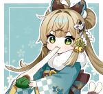  1girl :3 aqua_kimono blonde_hair cat_tail chibi eating food genshin_impact green_eyes hair_ornament highres japanese_clothes kimono kirara_(genshin_impact) kirara_(post_office)_(genshin_impact) leaf long_hair long_sleeves miyako_draw mochi multiple_tails smile solo tail 