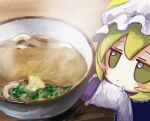  1girl blonde_hair blush_stickers bowl chibi closed_mouth commentary food fumo_(doll) hat highres jitome kitsune_udon long_sleeves looking_to_the_side mob_cap noodles redrawn solo soup table touhou udon upper_body white_headwear yakumo_ran yakumora_n yellow_eyes 