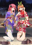  2girls absurdres adjusting_hair barefoot blue_eyes breasts butterfly_hair_ornament candy_apple collarbone feeding feet floral_print food foot_focus full_body go-toubun_no_hanayome green_ribbon green_sash hair_ornament hair_ribbon highres japanese_clothes kimono kosmos_beta large_breasts long_sleeves looking_at_viewer medium_hair multiple_girls nakano_nino nakano_yotsuba night obi orange_hair outdoors pink_hair print_kimono purple_kimono red_kimono red_sash ribbon sandals sash sitting sky soles star_(sky) starry_sky thighhighs toes unworn_sandals white_thighhighs wide_sleeves wooden_floor 