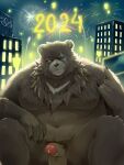 2024 anthro balls bear belly ben_(zenless_zone_zero) big_belly colaoaoiacquy detailed_background fireworks genitals hi_res holidays humanoid_hands kemono male mammal mihoyo moobs navel new_year night outside overweight overweight_male penis scar solo zenless_zone_zero