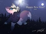 anthro arthropod beetle blue_eyes canid canine clothed clothing elateroid eyewear firefly fox freckles fur gingy_(gingy_k_fox) gingy_k_fox glasses grey_body grey_fur hoodie insect mammal outside sparkler topwear