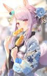  1girl absurdres animal_ears dango eating floral_print food highres holding holding_food horse_ears horse_girl japanese_clothes kimono long_hair long_sleeves looking_at_viewer mejiro_mcqueen_(umamusume) mitarashi_dango obi print_kimono purple_eyes purple_hair sash sky_cappuccino solo umamusume wagashi white_kimono wide_sleeves 