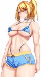  1girl anisdrawn bikini blue_bikini blue_choker blue_eyes blue_shorts breasts choker collarbone commentary cowboy_shot highres large_breasts metroid navel ponytail samus_aran short_hair short_shorts shorts simple_background solo standing stomach swimsuit thighs white_background 