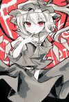  1girl ascot bow character_name commentary_request cowboy_shot crystal eyebrows_visible_through_hair finger_to_chin flandre_scarlet hat hat_bow long_hair looking_at_viewer mob_cap monochrome nagisa_shizuku one_side_up puffy_short_sleeves puffy_sleeves red_background red_eyes red_nails short_sleeves simple_background skirt slit_pupils smile solo spot_color the_embodiment_of_scarlet_devil touhou vest wings 