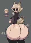 animal_ears animal_humanoid animal_tail beady_eyes big_breasts big_butt black_clothing black_eyes black_legwear black_thigh_highs blonde_hair blush blush_lines breasts butt butt_clap canid canid_humanoid canine canine_humanoid clothing female grey_background hair huge_breasts huge_butt humanoid legwear looking_at_viewer looking_back looking_back_at_viewer mammal mammal_humanoid meatoids mob_face onomatopoeia open_mouth purple_clothing purple_sweater purple_topwear rear_view simple_background solo sound_effects sweater tan_body tan_skin text thick_thighs thigh_highs topwear urotsuki wide_hips wolf_humanoid yume_2kki