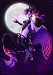 anthro breasts claws dragon female flying full_moon hair hi_res horn leg_markings markings moon nipples nude red_eyes scales sky smile solo star starry_sky tail text thigh_markings watermark white_body white_scales wings zwiezda zwiezda_(character)