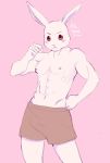  abs ale_vananice anthro beastars bottomwear clothed clothing crossgender domestic_rabbit fist frown ftm_crossgender hand_on_hip haru_(beastars) hi_res lagomorph leporid looking_at_viewer male mammal muscular muscular_male oryctolagus pecs pink_background portrait rabbit shorts simple_background solo three-quarter_portrait topless white_body 