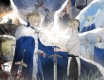  2boys 2girls absurdres aged_down ahoge armor artoria_pendragon_(fate) avalon_(fate/stay_night) bedivere_(fate) black_ribbon blood blue_cape blue_ribbon braid caliburn_(fate) cape commentary_request crown excalibur_(fate/stay_night) fate/apocrypha fate/grand_order fate/stay_night fate_(series) french_braid from_side fur-trimmed_cape fur_trim gauntlets grass grey_hair hair_ribbon highres holding holding_polearm holding_sword holding_weapon lance lancelot_(fate/grand_order) mordred_(fate) mordred_(fate/apocrypha) multiple_boys multiple_girls polearm profile purple_hair rhongomyniad_(fate) ribbon saber_(fate) shirt short_hair short_sleeves silllllllllo sitting sword time_paradox weapon white_shirt 