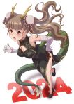  1girl 2024 bare_shoulders blunt_bangs blush breasts brown_hair china_dress chinese_clothes claw_pose double_bun dragon_horns dragon_tail dress fang green_dress hair_bun highres horns idolmaster idolmaster_cinderella_girls kamiya_nao large_breasts long_hair new_year open_mouth red_eyes satomura_kyou solo tail thick_eyebrows thighs white_background 