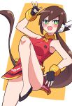 1girl absurdres aile_(mega_man_zx) bare_shoulders blush breasts brown_hair buzzlyears china_dress chinese_clothes dress green_eyes highres large_breasts legs long_hair mega_man_(series) mega_man_zx mega_man_zx_advent ponytail red_dress robot_ears simple_background 