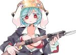  1girl animal_ears bikini blue_hair blush breasts bright_pupils cleavage closed_mouth ears_through_headwear gun hat long_sleeves looking_at_viewer massakasama military_hat rabbit_ears rabbit_girl red_bikini red_eyes reisen_(touhou_bougetsushou) rifle short_hair simple_background solo swimsuit touhou upper_body weapon white_background white_pupils 