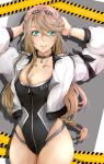  1girl absurdres black_leotard blonde_hair bracelet braid breasts caution_tape cleavage_cutout clothing_cutout cropped_jacket crown_braid eiyuu_densetsu elaine_auclair french_braid green_eyes highres jacket jewelry kuro_no_kiseki kuro_no_kiseki_ii large_breasts leotard long_hair necklace no_pants parted_bangs race_queen shadow silenia single_braid smile solo 