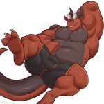 3_toes 5_fingers anthro black_body black_clothing black_skin bulge clothing dragon feet fingers hi_res horn kassn male manly muscular muscular_male pinup pose red_body red_skin same22shark scalie simple_background slightly_chubby solo toes underwear white_background