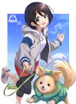  1girl animal black_hair blue_eyes chihuahua chikuwa_(yurucamp) clothed_animal commentary copyright_name day dog hood hoodie leash leggings mirai_denki mount_fuji outdoors round_teeth running saitou_ena shoes short_hair sky sneakers teeth tongue tongue_out yurucamp 