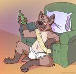 2024 alcohol_bottle anthro barefoot black_nose bottle briefs briefs_only brown_body brown_eyes brown_fur bulge clothed clothing container drunk english_text feet fur furniture half-closed_eyes hi_res holding_bottle holding_container holding_object hyena male mammal markings mushketeery mushy_(mushketeteery) narrowed_eyes open_mouth pillow shadow signature sitting smile sofa solo spots spotted_markings substance_intoxication text tighty_whities tongue_showing topless underwear underwear_only white_briefs white_clothing white_underwear