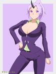  1girl belt breasts cleavage green_shirt hand_on_hip highres lavender_hair looking_at_viewer office_lady oni pants ponytail purple_background purple_eyes purple_suit shion_(tensei_shitara_slime_datta_ken) shirt signature simple_background smile solo tensei_shitara_slime_datta_ken yukito_kitto 