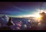  1girl absurdres cloud cloudy_sky dress facing_ahead floating_hair from_behind highres horizon lens_flare letterboxed morning nengoro original outdoors scenery sky solo star_(sky) sun sunrise 