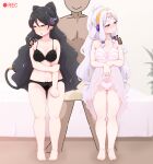  1boy 2girls barefoot black_bra black_hair black_panties bra breasts cone_hair_bun double_bun full_body hair_bun hand_on_another&#039;s_shoulder janis_(pripara) kiratto_pri_chan legs lifted_by_self lingerie long_hair looking_to_the_side luluna_(pri_chan) medium_breasts multiple_girls panties pretty_series purple_eyes recording standing thighs toes underwear underwear_only white_bra white_hair white_panties yellow_eyes yonekura_hisaki 