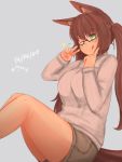  animal_humanoid big_breasts breasts brown_hair eyewear female glasses hair hi_res humanoid licking licking_lips nao_(artist) simple_background solo tongue tongue_out 