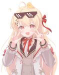 1girl absurdres ahoge black-framed_eyewear brown_dress double_v dress eyewear_on_head hair_ribbon highres hololive hololive_dev_is jacket looking_at_viewer neck_ribbon one_side_up open_mouth osorii otonose_kanade red_eyes red_ribbon ribbon smile sunglasses v virtual_youtuber white_background white_jacket 