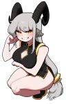  1girl absurdres animal_ears bare_shoulders black_dress bolt_(min_lona) breasts china_dress chinese_clothes cleavage cleavage_cutout clothing_cutout dress goat_ears goat_girl goat_horns grey_hair highres horns large_breasts long_hair min_lona original rectangular_pupils simple_background sleeveless sleeveless_dress smile solo squatting thick_eyebrows very_long_hair white_background yellow_eyes 
