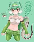  1girl 7ss_dom bare_shoulders blush chinese_water_dragon_(kemono_friends) choker crop_top cutoff_jeans cutoffs denim detached_sleeves frilled_choker frilled_hairband frilled_shirt frills green_hair green_hairband green_shorts green_sleeves hairband highres kemono_friends lizard_tail looking_at_viewer midriff multiple_views navel open_mouth orange_eyes reptile_girl scales shirt short_hair short_shorts shorts sidelocks spaghetti_strap tail translation_request triangle_mouth white_choker white_hair white_shirt 