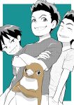  3boys character_request closed_eyes commentary_request freckles greyscale grin hands_in_pockets highres male_focus monochrome multiple_boys penguin_highway shirt smile spot_color suzuki-kun_(penguin_highway) t-shirt yano_keito 