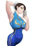  1girl :o arm_behind_head armpits bare_arms bare_shoulders blue_unitard blue_vest blueorca bracelet breasts brown_eyes brown_hair bun_cover cellphone chinese_clothes chun-li covered_navel earrings gold_trim hair_bun highres holding holding_phone jewelry large_breasts looking_at_viewer phone selfie short_hair smartphone solo spiked_bracelet spikes street_fighter street_fighter_zero_(series) thighs toned vest white_background 