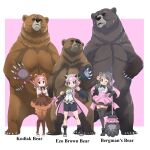  3girls animal_ears bear bear_ears bear_girl bergman&#039;s_bear_(kemono_friends) black_eyes boots bow bowtie brown_hair elbow_gloves extra_ears ezo_brown_bear_(kemono_friends) gloves grey_hair happi highres japanese_clothes kemono_friends kemono_friends_3 kodiak_bear_(kemono_friends) leggings long_hair looking_at_viewer multiple_girls necktie pink_background shirt short_hair simple_background skirt sleeveless sleeveless_shirt thighhighs weapon yamaguchi_yoshimi 