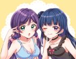  2girls :o ;) bangs bikini black_choker blue_bikini blue_hair breasts choker cleavage collarbone doily eneco front-tie_bikini front-tie_top green_eyes hair_ornament hair_scrunchie hand_on_own_chin long_hair looking_at_viewer love_live! love_live!_school_idol_project love_live!_sunshine!! low_twintails medium_breasts multiple_girls one_eye_closed pink_scrunchie purple_eyes purple_hair scrunchie side_bun smile swimsuit toujou_nozomi tsushima_yoshiko twintails upper_body v-shaped_eyebrows v_over_eye v_over_mouth yellow_background 