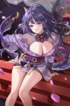  1girl breasts cleavage commentary_request feet_out_of_frame genshin_impact highres japanese_clothes kimono large_breasts long_braid long_hair long_sleeves looking_at_viewer mayuma_(mayuma_0715) obi off_shoulder parted_lips purple_eyes purple_hair purple_kimono raiden_shogun red_sash sash sitting solo thighs very_long_hair 