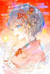  1girl 2024 :d absurdres blue_eyes blush braid cloud_print earclip earrings egasumi floating flower_knot from_side grey_hair hair_ornament hand_up highres index_finger_raised irodori_warabi japanese_clothes jewelry kimono long_bangs looking_at_viewer nengajou new_year open_mouth orb original pink_kimono print_kimono red_background short_hair_with_long_locks smile solo upper_body wispy_bangs 