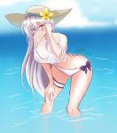  1girl absurdres bangs beach bikini bikini_bottom bikini_top bikini_under_clothes blush bra_through_clothes breasts cleavage cloud cloudy_sky day emilia_(re:zero) flower hat highres long_hair looking_at_viewer midriff multicolored multicolored_bikini multicolored_clothes ocean outdoors purple_eyes re:zero_kara_hajimeru_isekai_seikatsu see-through shirt silver_hair sky smile solo summer sun_hat swimsuit tied_shirt water water_drop wet wet_clothes wet_shirt wet_t-shirt white_bikini white_shirt 