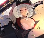  1girl azur_lane bangs breasts cleavage eyebrows_visible_through_hair floating_hair fur_collar graf_zeppelin_(azur_lane) hat highres large_breasts long_hair looking_at_viewer military military_hat military_uniform naze purple_eyes sidelocks silver_hair skirt solo standing uniform white_skirt 
