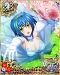  1girl blue_hair breasts card_(medium) character_name chess_piece day dress elbow_gloves flower gloves grass green_hair hair_between_eyes high_heels high_school_dxd high_school_dxd_pi knight_(chess) looking_at_viewer medium_breasts official_art open_mouth outdoors short_hair solo teeth tiara tongue wedding_dress xenovia_quarta yellow_eyes 