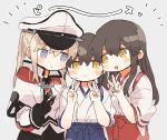  3girls akagi_(kancolle) black_gloves black_skirt blonde_hair blue_hakama blush brown_hair capelet closed_mouth double_v gloves graf_zeppelin_(kancolle) grey_background hair_between_eyes hakama hat ina_(1813576) japanese_clothes kaga_(kancolle) kantai_collection long_hair long_sleeves multiple_girls open_mouth peaked_cap purple_eyes red_hakama short_sleeves sidelocks simple_background skirt smile tasuki twintails v white_capelet white_headwear yellow_eyes 